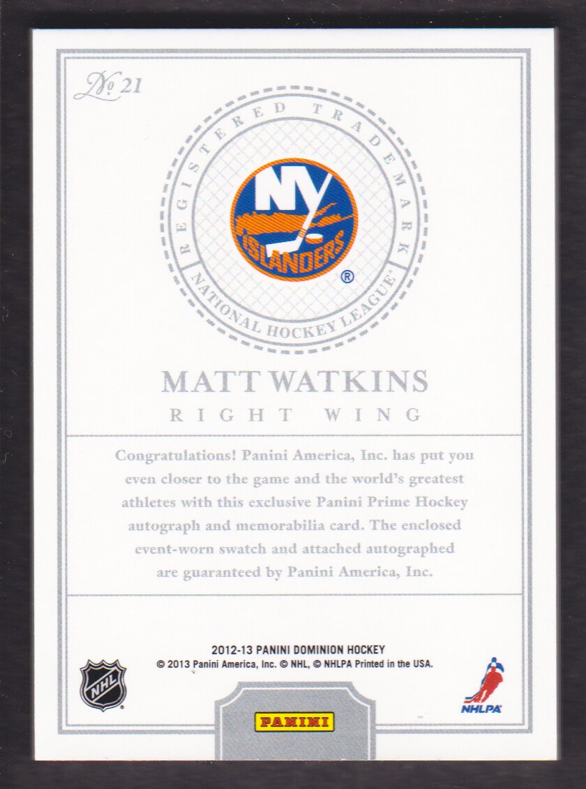 2012-13 Dominion Patches Autographs #21 Matt Watkins/60 back image