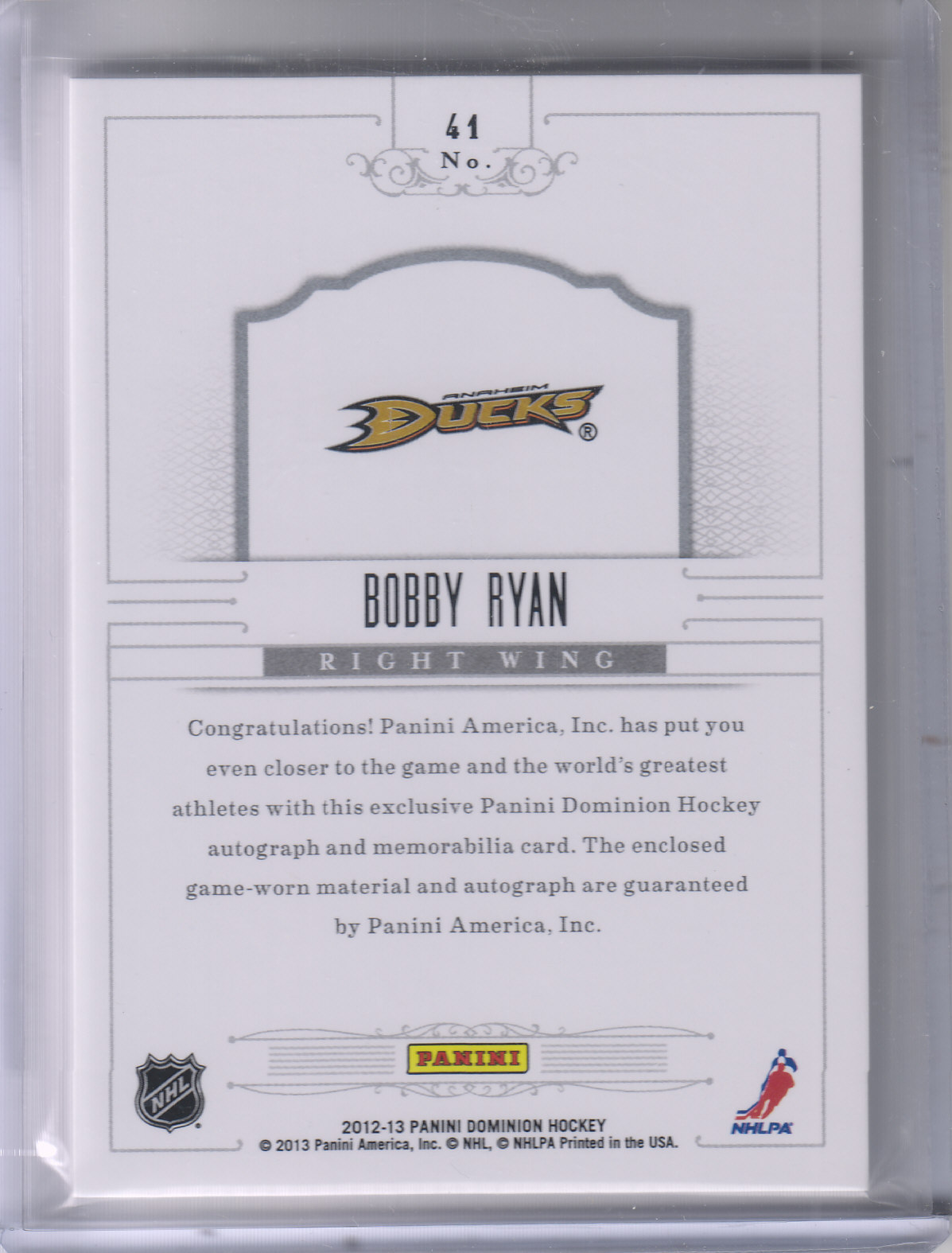 2012-13 Dominion Peerless Patches Autographs #41 Bobby Ryan/40 back image