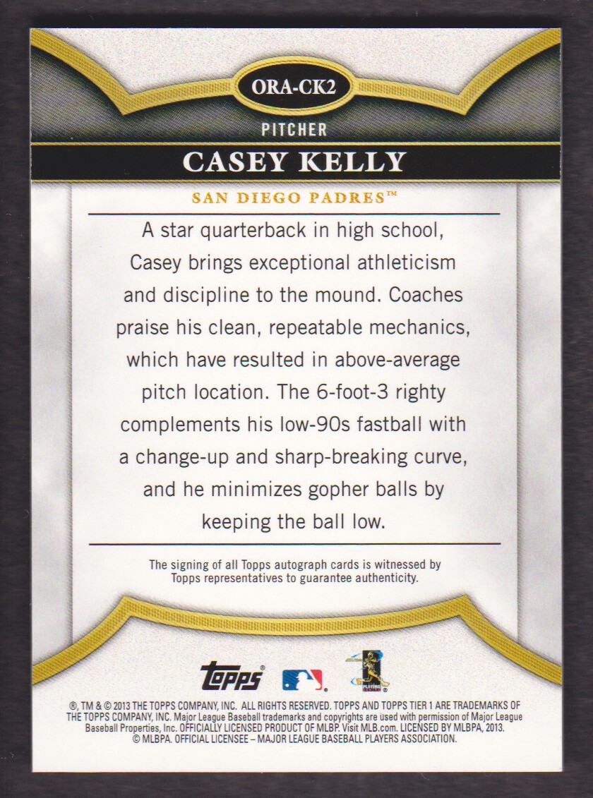 2013 Topps Tier One On the Rise Autographs #CK2 Casey Kelly/399 back image