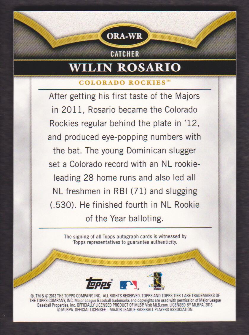 2013 Topps Tier One On the Rise Autographs #WR Wilin Rosario/399 back image