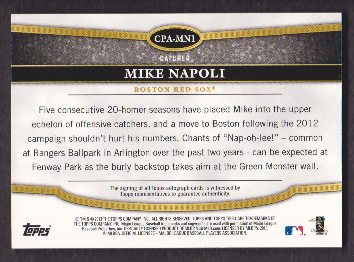2013 Topps Tier One Crowd Pleaser Autographs #MN1 Mike Napoli/299 back image