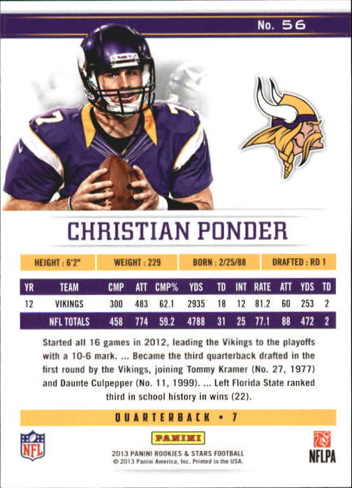 2013 Rookies and Stars Longevity Parallel #56 Christian Ponder back image