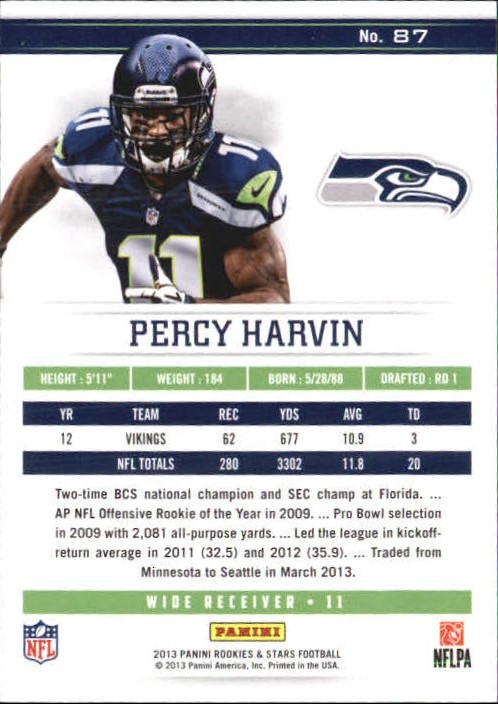 2013 Rookies and Stars Team Logo Holofoil #87 Percy Harvin back image