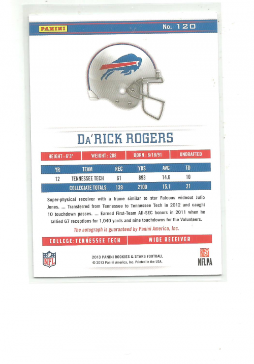 2013 Rookies and Stars Rookie Autographs Longevity Holofoil #120 Da'Rick Rogers back image