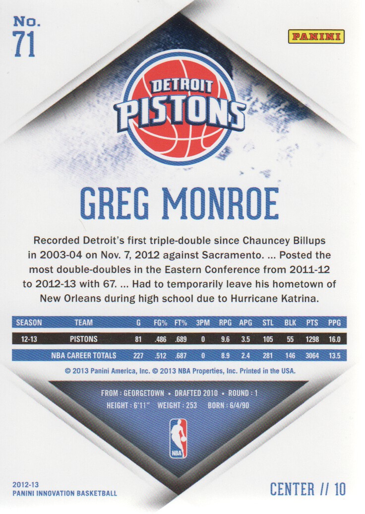 2012-13 Innovation #71 Greg Monroe back image