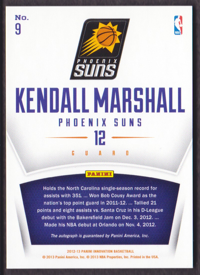 2012-13 Innovation Rookie Innovative Ink #9 Kendall Marshall back image