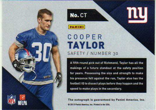 2013 Panini Player of the Day Autographs #CT Cooper Taylor back image