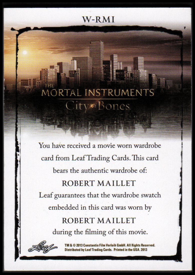 2013 Leaf Mortal Instruments City of Bones Wardrobes #WRM1 Robert Maillet back image