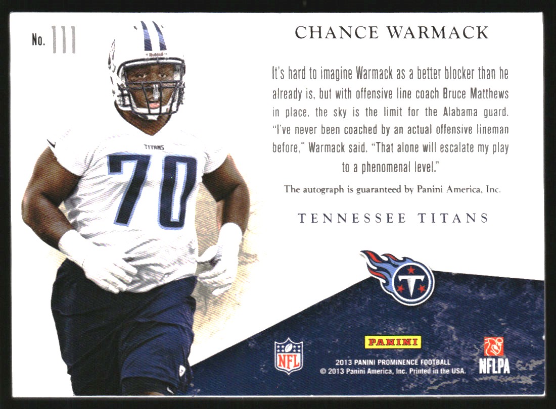 2013 Panini Prominence Rookie Team Helmet Autographs #111 Chance Warmack/175