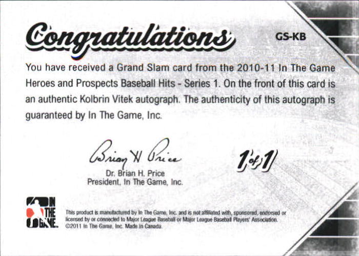 2011 ITG Heroes and Prospects Grand Slam Autographs Ruby #KB Kyle Blair HN back image