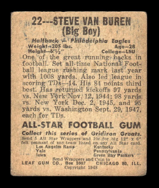1948 Leaf #22E Steve Van Buren GJ GS RC/(Green Jersey, Green Sock) back image