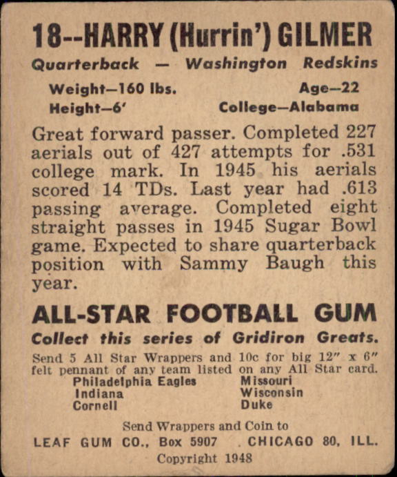 1948 Leaf #18B Harry Gilmer PJ RC/(Purple jersey) back image