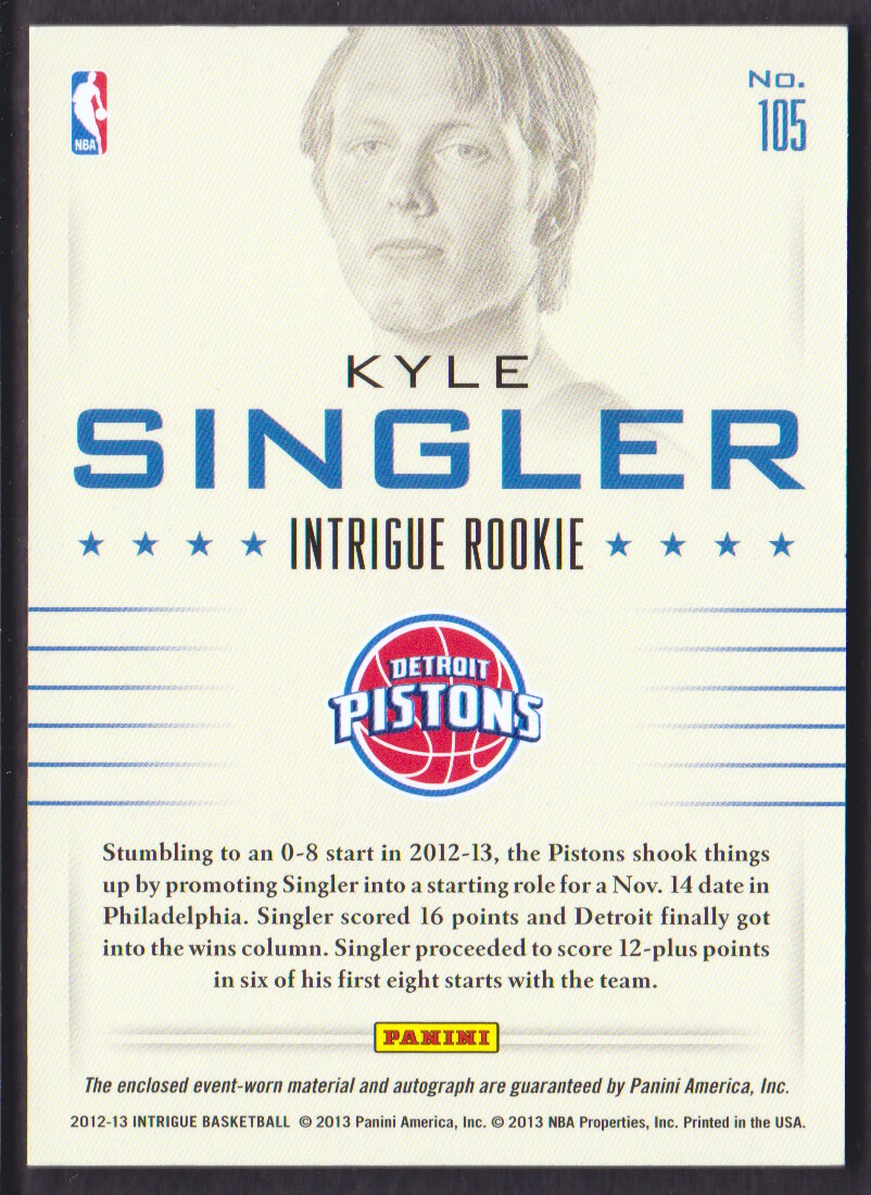 2012-13 Panini Intrigue #105 Kyle Singler JSY AU/15 RC back image