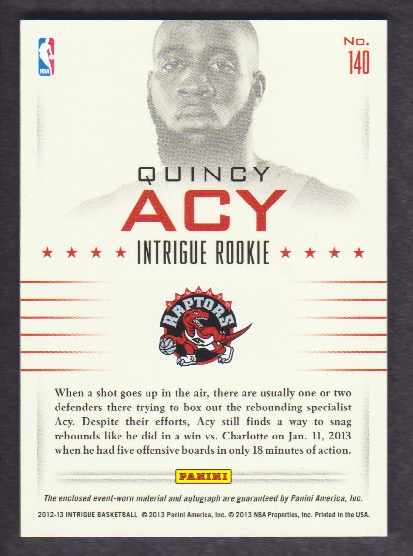 2012-13 Panini Intrigue #140 Quincy Acy JSY AU/199 RC back image
