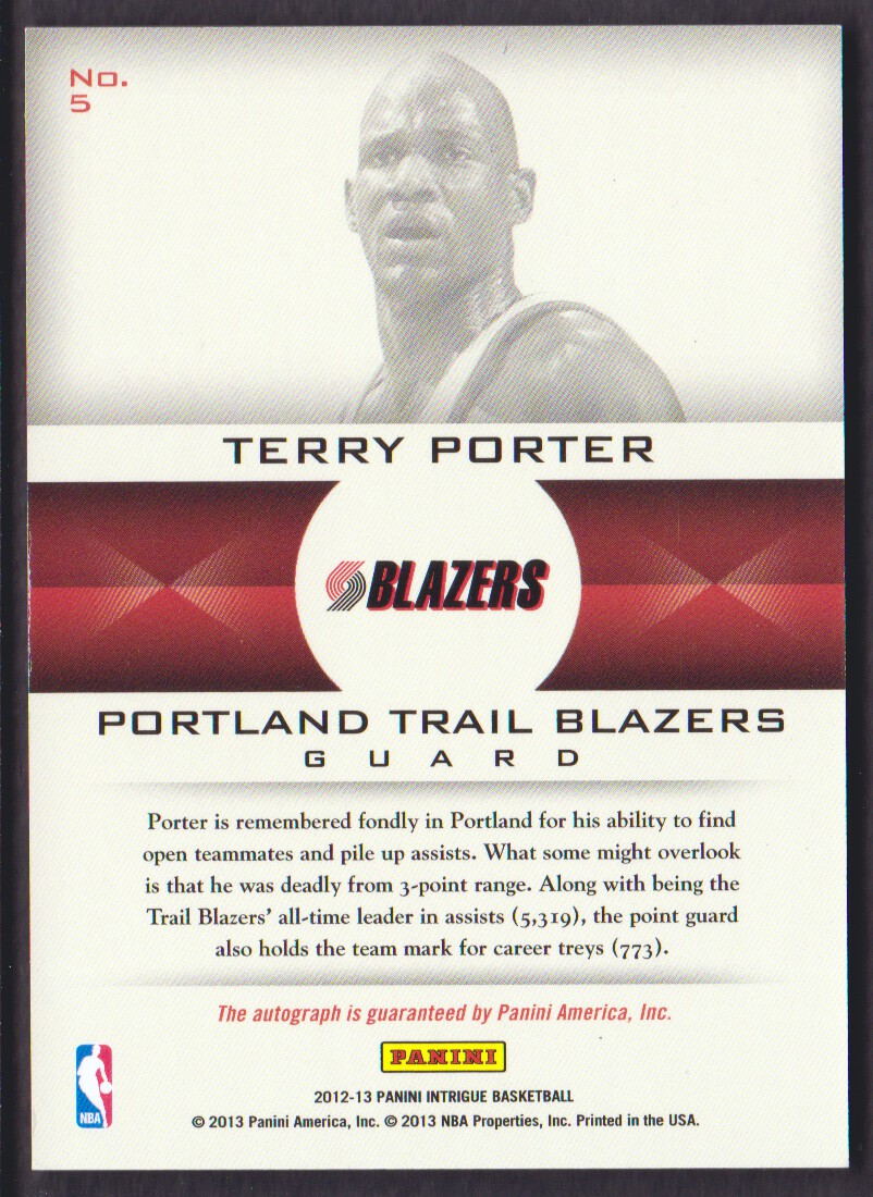 2012-13 Panini Intrigue Immortalized Autographs #5 Terry Porter/299 back image