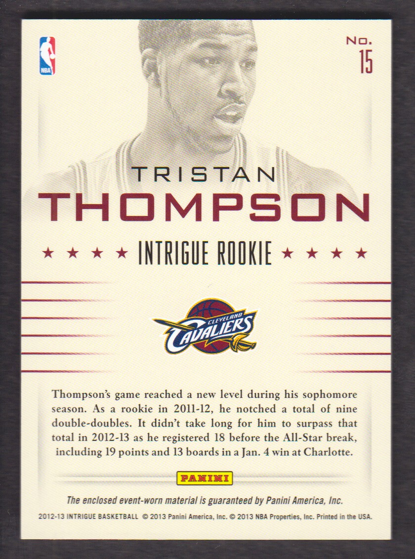 2012-13 Panini Intrigue Rookie Memorabilia #15 Tristan Thompson back image