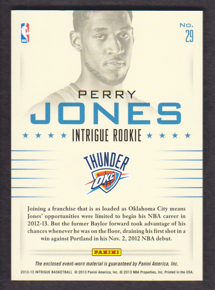 2012-13 Panini Intrigue Rookie Memorabilia #29 Perry Jones back image