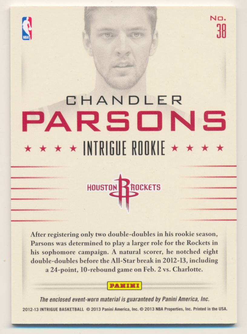 2012-13 Panini Intrigue Rookie Memorabilia #38 Chandler Parsons back image