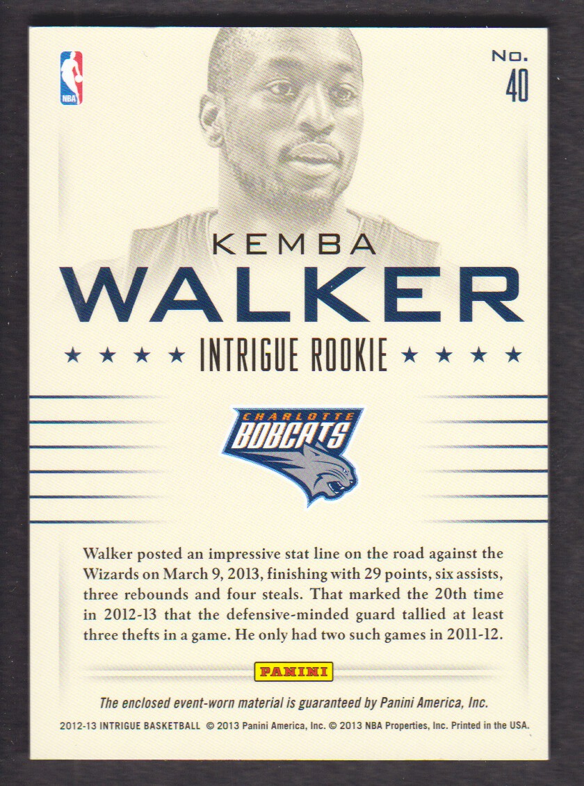 2012-13 Panini Intrigue Rookie Memorabilia #40 Kemba Walker back image