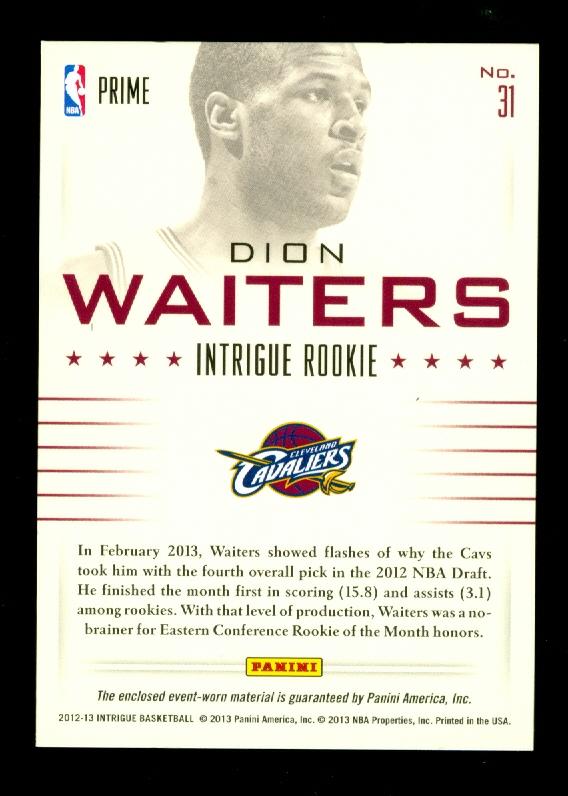 2012-13 Panini Intrigue Rookie Memorabilia Prime #31 Dion Waiters back image