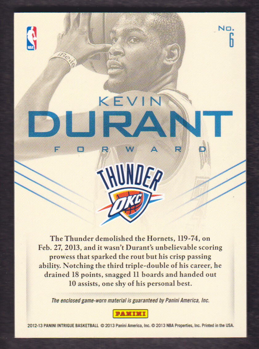 2012-13 Panini Intrigue Top Flight Unis #6 Kevin Durant/99 back image