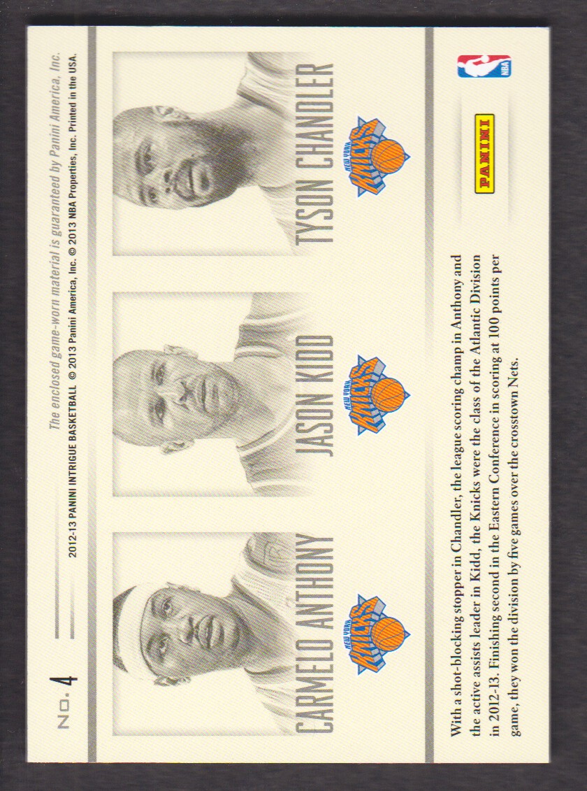 2012-13 Panini Intrigue Terrific Trios Jerseys #4 Carmelo Anthony/Jason Kidd/Tyson Chandler/49 back image