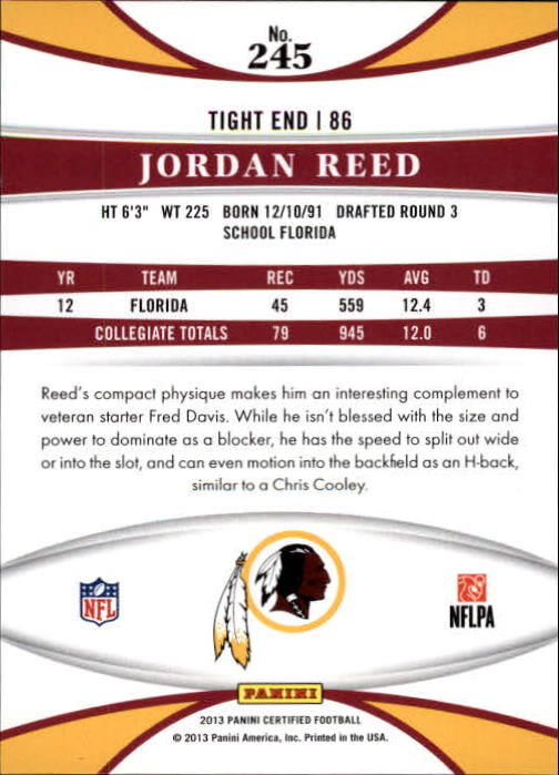 2013 Certified #245 Jordan Reed RC back image