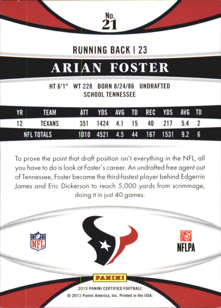 2013 Certified Mirror Blue #21 Arian Foster back image