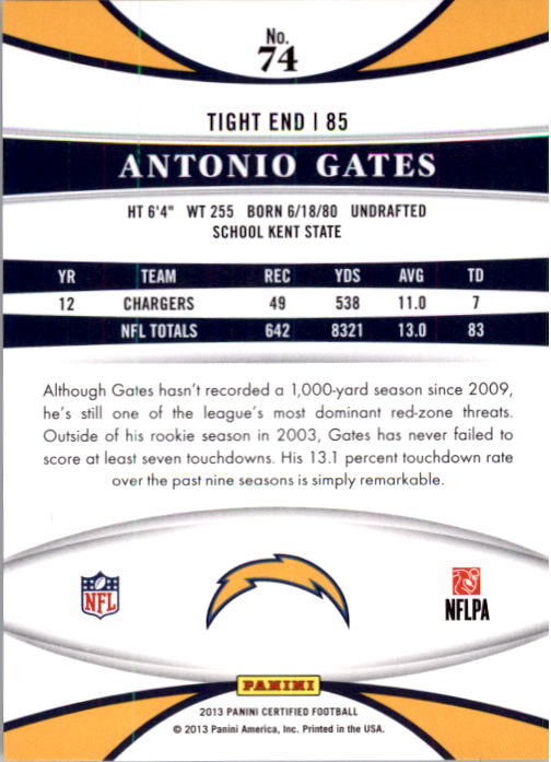 2013 Certified Mirror Blue #74 Antonio Gates back image