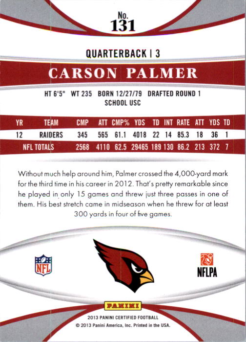 2013 Certified Mirror Blue #131 Carson Palmer back image