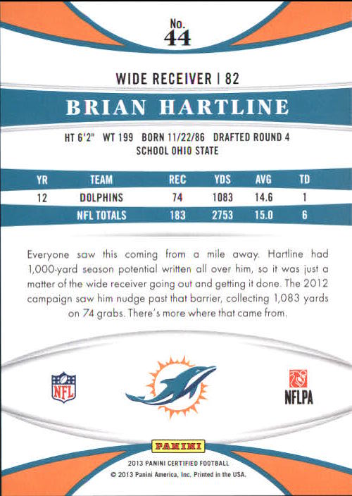 2013 Certified Mirror Red #44 Brian Hartline back image