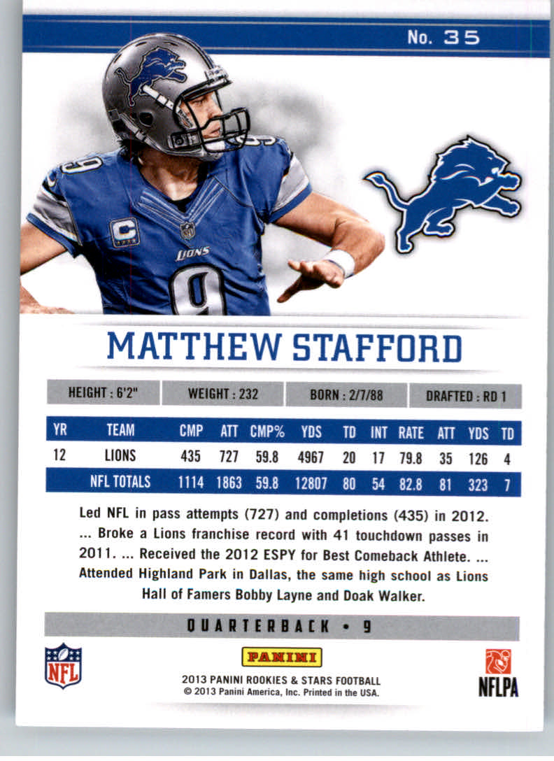 2013 Rookies and Stars Longevity #35 Matthew Stafford back image