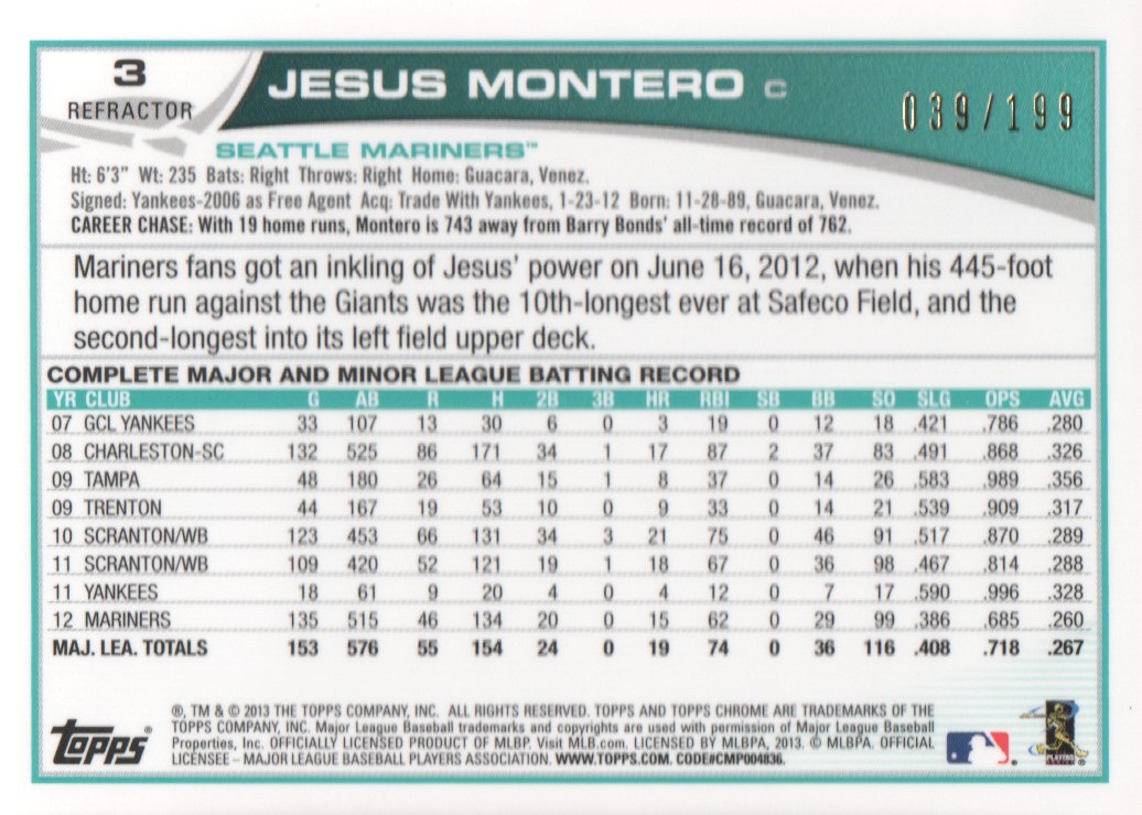 2013 Topps Chrome Blue Refractors #3 Jesus Montero back image