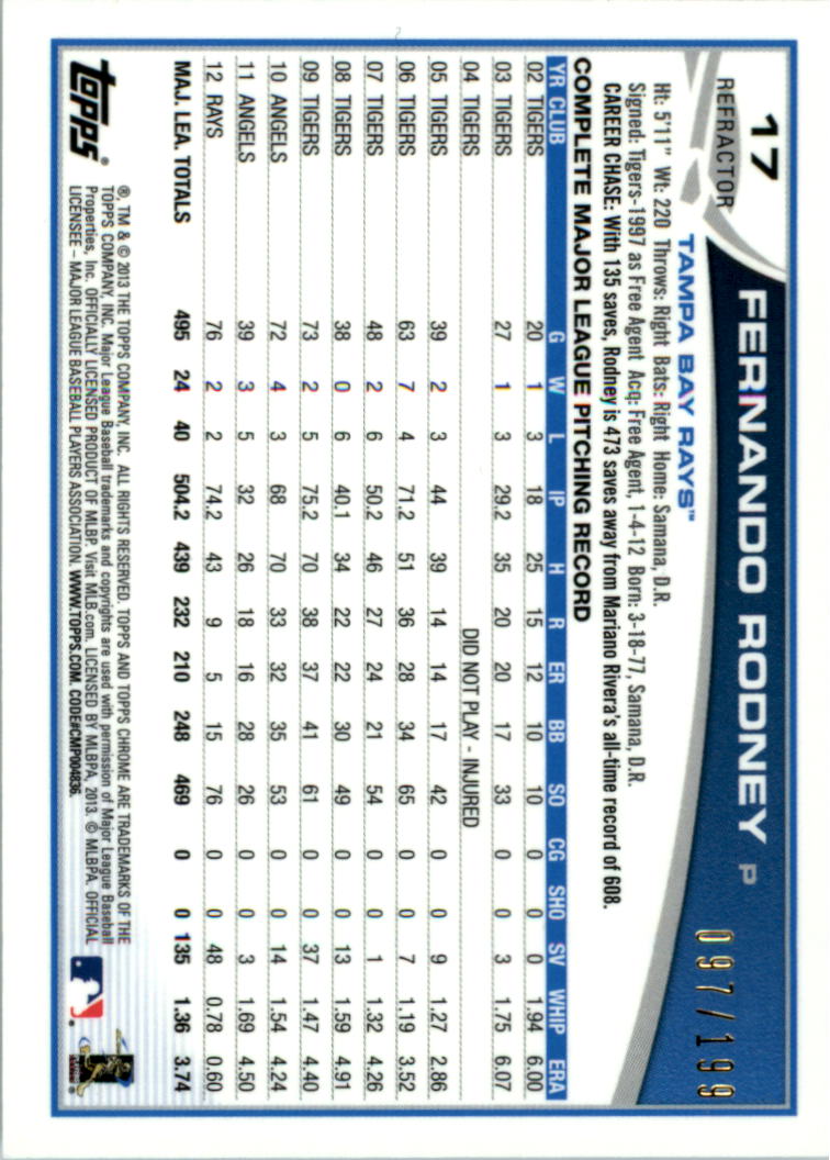 2013 Topps Chrome Blue Refractors #17 Fernando Rodney back image