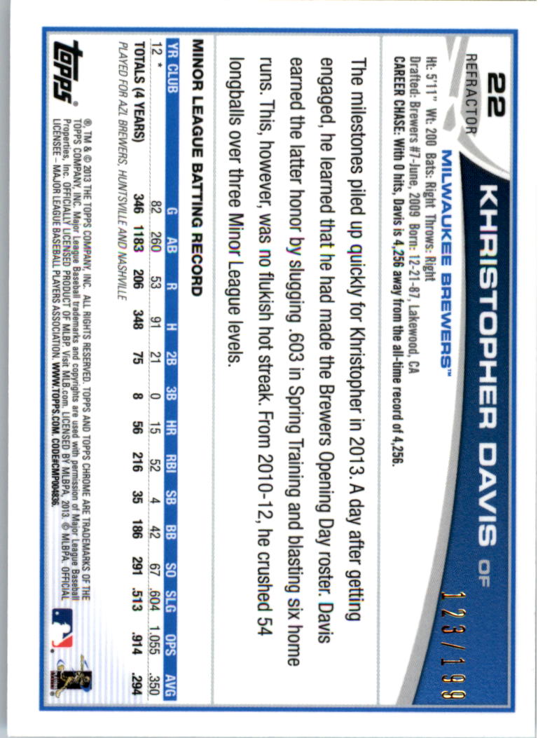 2013 Topps Chrome Blue Refractors #22 Khristopher Davis back image