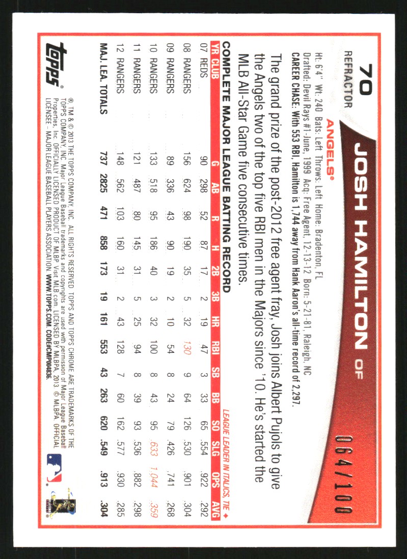 2013 Topps Chrome Black Refractors #70 Josh Hamilton