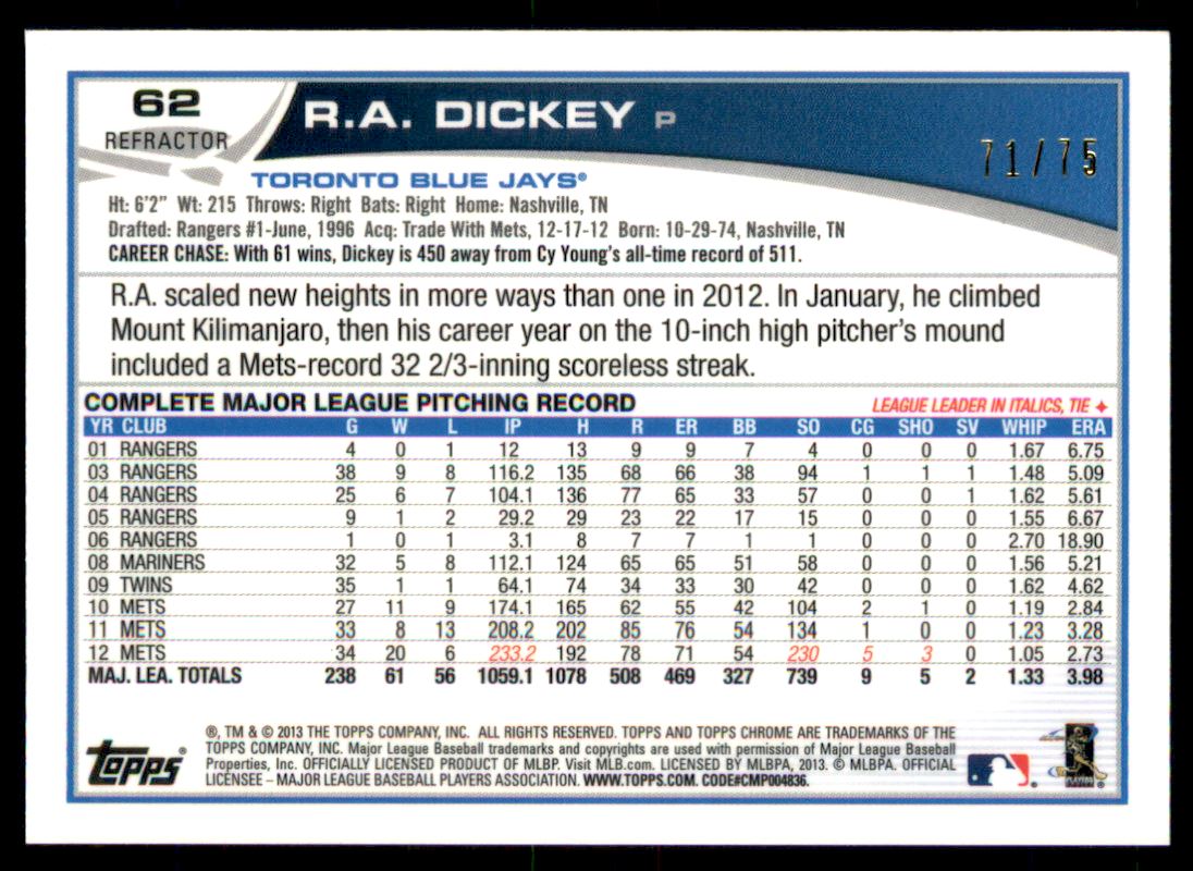 2013 Topps Chrome Sepia Refractors #62 R.A. Dickey back image
