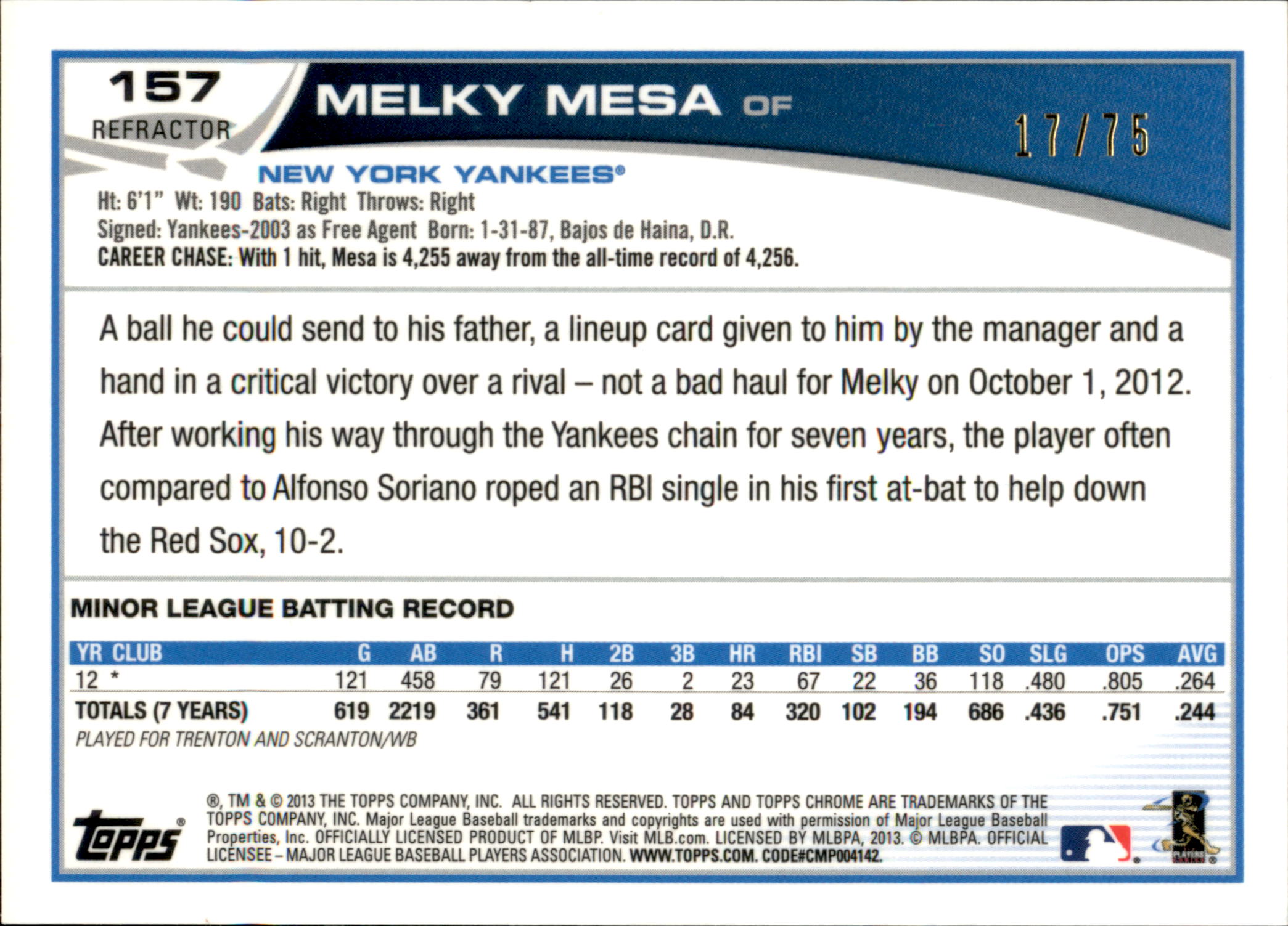 2013 Topps Chrome Rookie Autographs Sepia Refractors #157 Melky Mesa back image