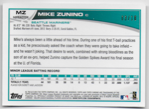 2013 Topps Chrome Rookie Autographs Atomic Refractors #MZ Mike Zunino back image