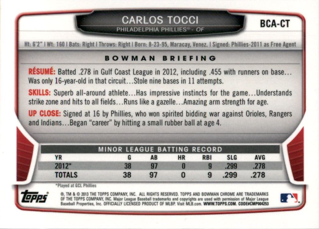 2013 Bowman Chrome Prospect Autographs #CT Carlos Tocci