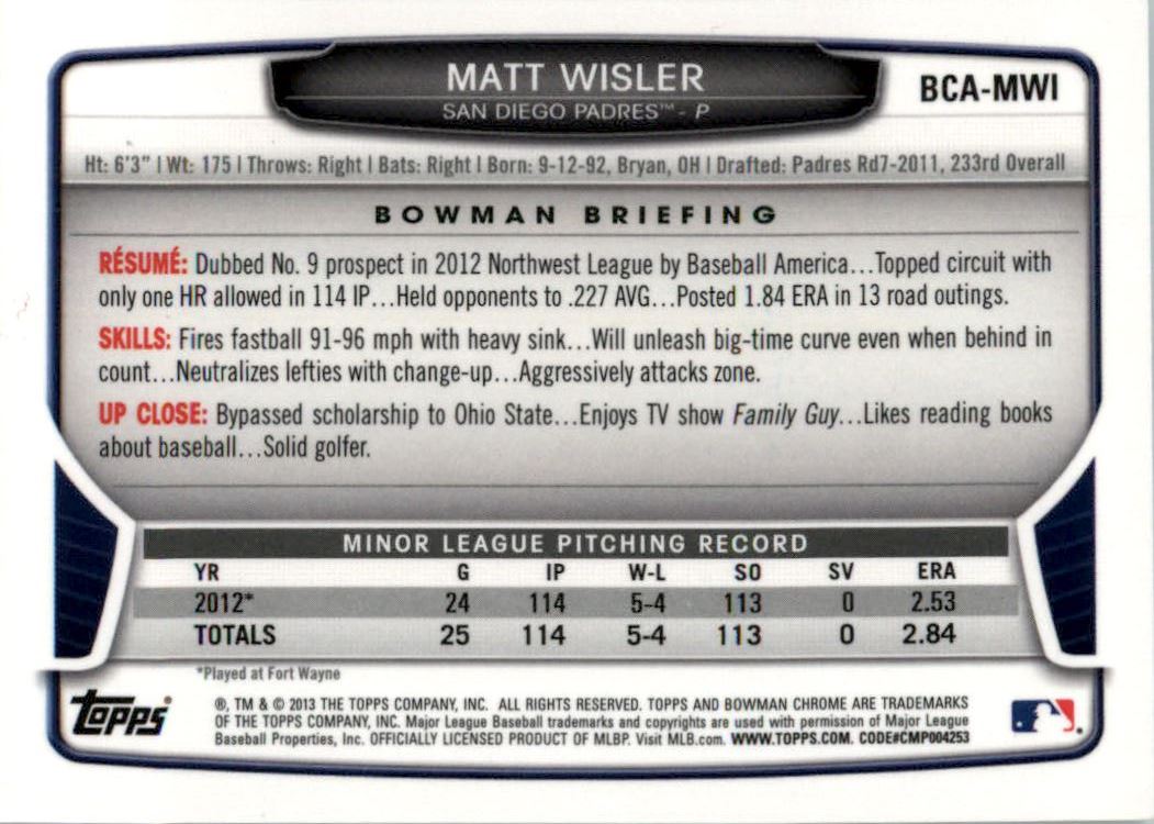2013 Bowman Chrome Prospect Autographs #MWI Matt Wisler