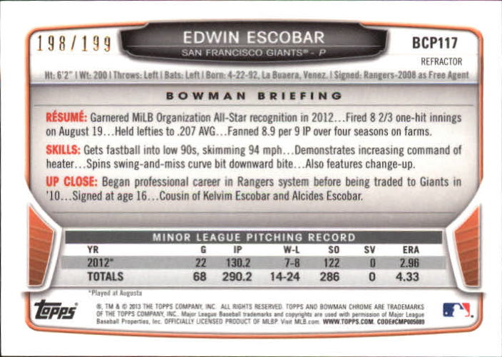 2013 Bowman Chrome Prospects Purple Refractors #BCP117 Edwin Escobar back image