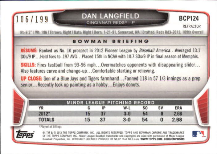 2013 Bowman Chrome Prospects Purple Refractors #BCP124 Dan Langfield back image