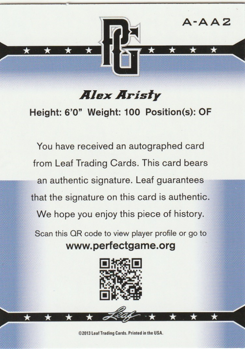 2013 Leaf Perfect Game Autographs #AA2 Alex Aristy back image