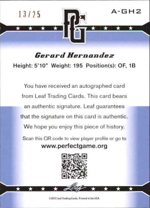 2013 Leaf Perfect Game Autographs Blue #GH2 Gerard Hernandez back image
