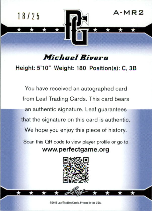 2013 Leaf Perfect Game Autographs Blue #MR2 Michael Rivera back image