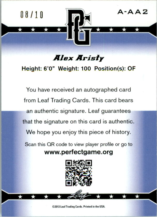 2013 Leaf Perfect Game Autographs Green #AA2 Alex Aristy back image