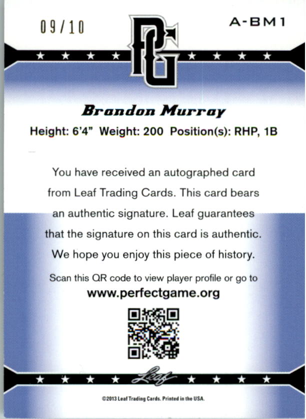 2013 Leaf Perfect Game Autographs Green #BM1 Brandon Murray back image
