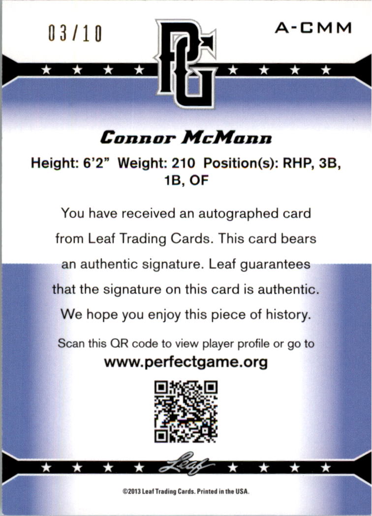 2013 Leaf Perfect Game Autographs Green #CMM Connor McMann back image