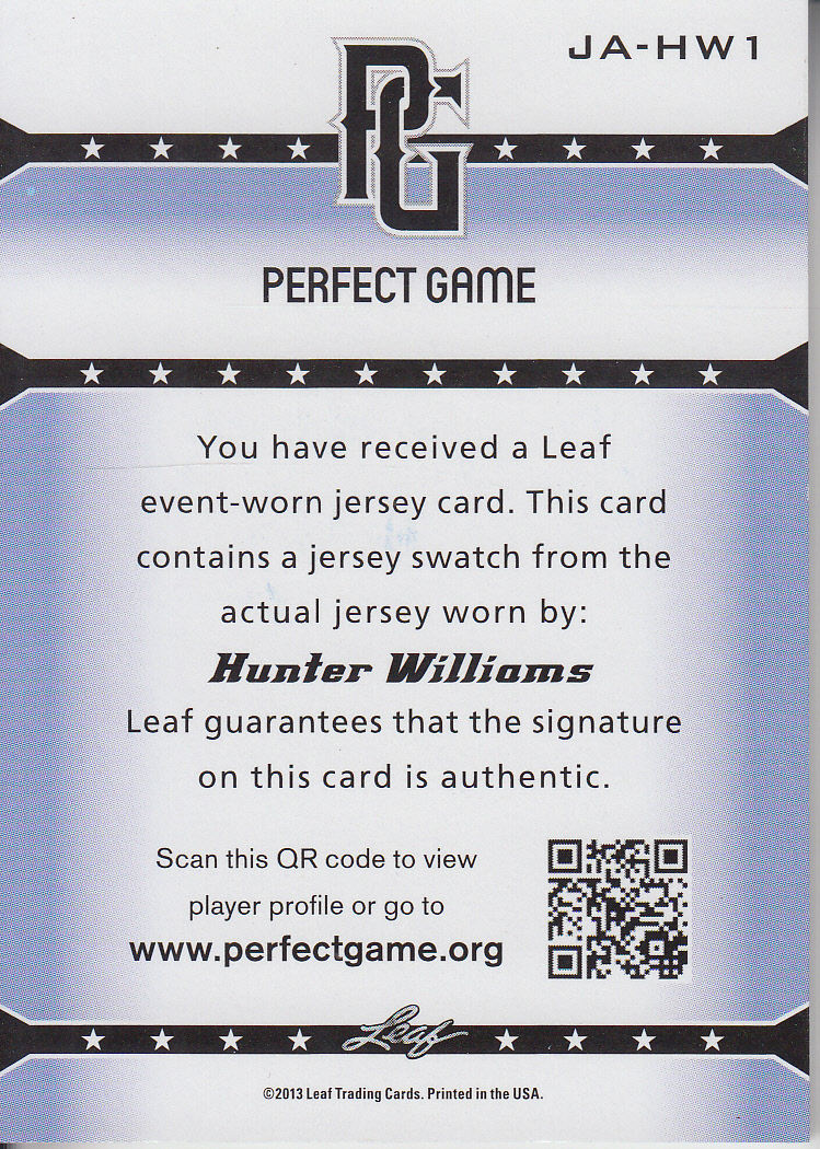 2013 Leaf Perfect Game Jersey Autographs #HW1 Hunter Williams back image